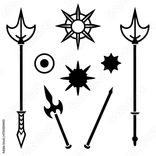 Collection of medieval weapon silhouettes including spears maces and a shield isolated on white background isolated on transparent background