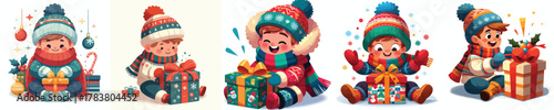vector of a little boy sit on floor open a Christmas gift