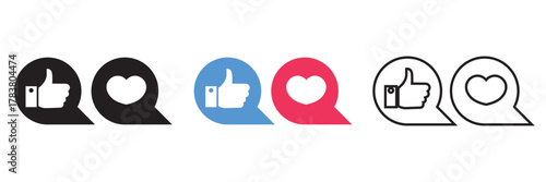 Social media like and heart icons set. Vector set of thumbs up and heart symbols in chat bubbles, representing likes, reactions, and engagement on social media platforms.

