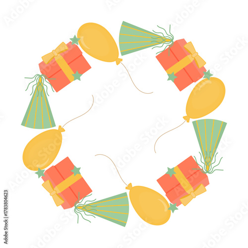 Birthday frame with space for text. Vector illustration. Yellow balloon. Orange gift with a yellow bow. Green party hat. Close-up element for design decoration.
