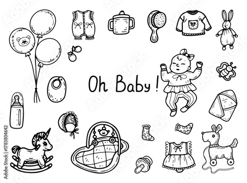 Oh baby set. Hand drawn doodle vector. Gifts for pregnant women. Items for newborn clothes, toys, crib, pacifier, rattle, play mat, balloons. Line art illustration.