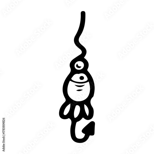 Fishing spoon with hooks. Hand drawn doodle vector. Spinning rod equipment. Wobbler, lure. Artificial fish. Seafood catch. Lake camping. Fishery tackle. Line art illustration.