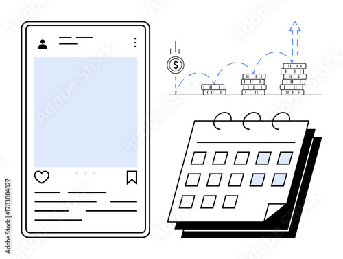 Social media post interface, calendar, and stacked coins highlight planning schedules, engagement, savings, investment tracking, financial strategy, task organization, and growth in a simple flat