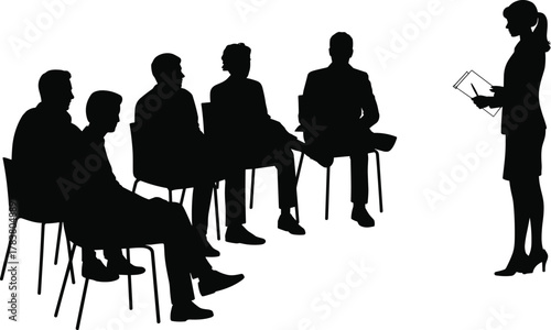 Business meeting, team discussion, corporate seminar, leadership presentation, group communication, professional training, speaker addressing audience, workplace collaboration, seated participants,