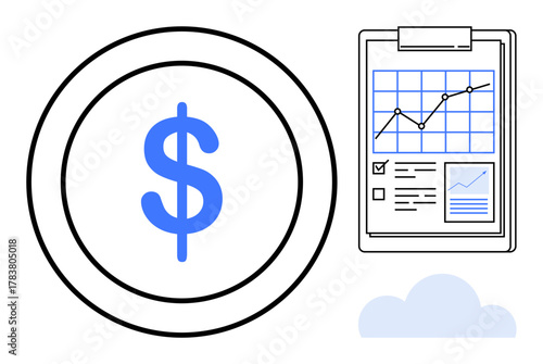 Dollar sign inside circle next to a clipboard with a chart illustrating growth. Ideal for finance, data analysis, business strategy, investments, savings, profitability, simple flat metaphor