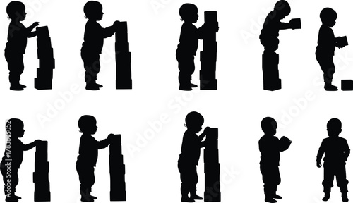 Child stacking toy blocks, silhouette sequence, developmental play, motor skills, learning process, growth stages, toddler activity, educational concept, playful interaction, childhood development