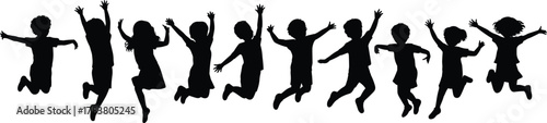 Children jumping silhouettes, happy kids playing, joyful childhood moment, energetic group activity, black white contrast, celebration pose, unity in motion, fun outdoor expression