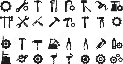 Collection of black silhouette construction tools icons, hammer wrench screwdriver pliers gear symbols, industrial mechanic equipment vector illustration, isolated design for repair service