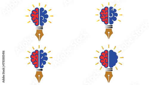 Brain and pen light bulb icon symbolizing creativity intelligence and innovation

