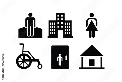 Set of six black icons representing building types and accessibility symbols house