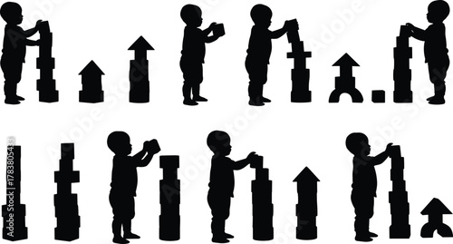 Children silhouettes playing with building blocks, educational toys, geometric shapes, early learning, preschool activity, creative play, motor skills, teamwork, fun, development, imagination, growth