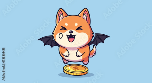 Cute Flying Shiba Inu with Bat Wings and Coin
