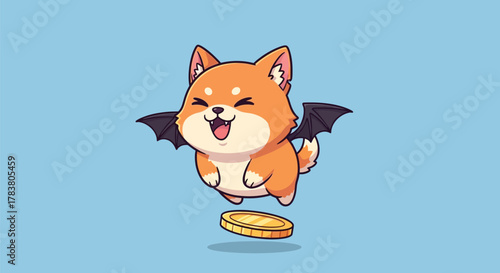Cute Flying Shiba Inu with Bat Wings and Coin