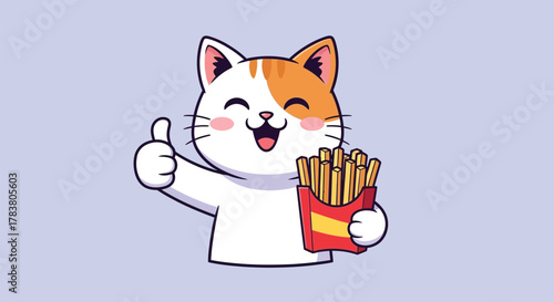 A cute cartoon cat gives a thumbs-up gesture while holding a red box of french fries and winking happily.