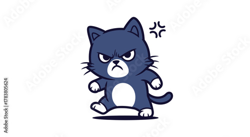 An angry cartoon cat with furrowed brows and clenched fists, stomping forward with a furious expression.