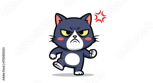 Cartoon illustration of an angry black cat with yellow eyes and pink cheeks, walking forward with red anger symbols above its head on a white background.