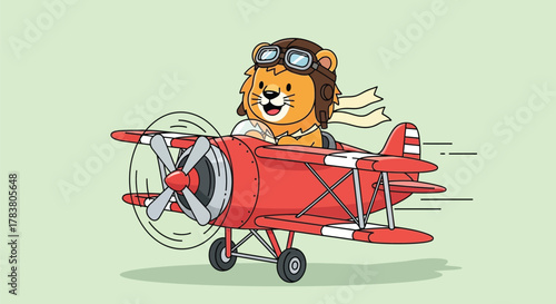 A cheerful cartoon lion wearing a pilot's hat flies a red biplane with a propeller.
