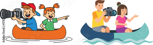 Kids and adults taking photos on a boat, photography adventure, outdoor fun, teamwork, river exploration, nature travel illustration concept