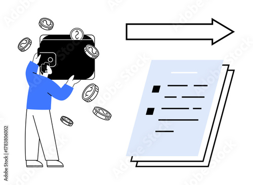 Man holding wallet, coins falling and moving toward document stack via arrow. Ideal for finance, payment processing, budgeting, accounting, digital economy, financial planning, simple flat metaphor