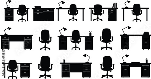 Collection of modern office desks and chairs silhouettes with lamps and drawers, professional workplace furniture vector illustration for business interior design