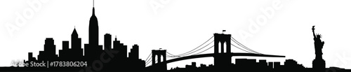 New York City skyline silhouette, Empire State Building, Brooklyn Bridge, Statue of Liberty, urban architecture, iconic landmarks, black cityscape, American culture, travel destination, USA