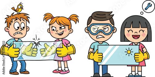 Kids testing glass strength, science experiment with safety gloves, teamwork learning, comparing broken and strong glass, cartoon illustration education concept