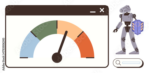 Robot with shield overseeing system represented by performance gauge, search bar highlighting data scanning. Ideal for cybersecurity, technology, AI, performance analysis, protection, efficiency