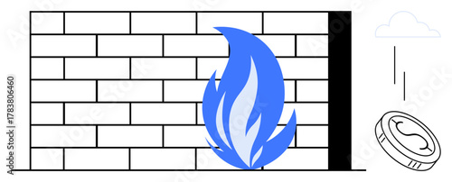 Brick wall with blue flame symbolizing security breach, falling coin representing financial loss. Ideal for cybersecurity, data protection, risk mitigation, finance, economics, safety, simple flat