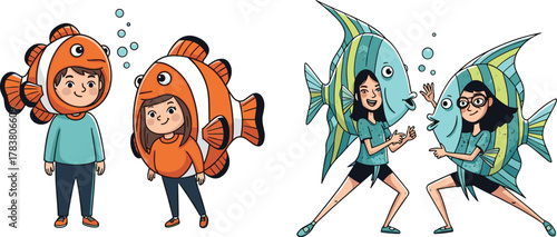 Kids wearing fish costumes, cartoon children underwater theme, ocean animals, marine life education, fun sea world, aquatic character illustration