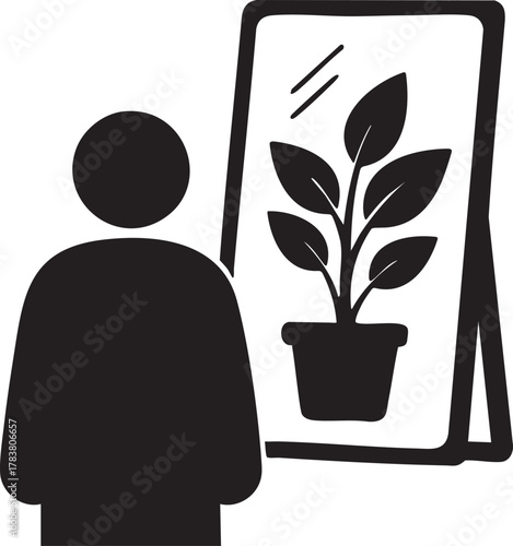 Self-Reflection and Growth: Man Looking at Plant in Mirror