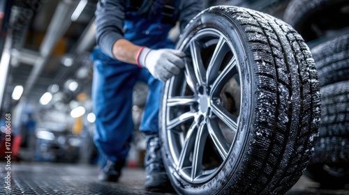 Car mechanic changing tire at auto repair shop garage.	