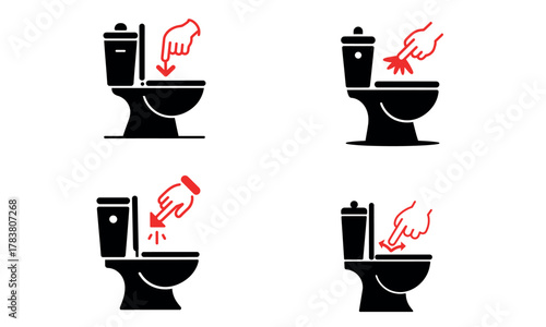 Toilet hygiene instruction icons showing correct hand use for flush and cleaning

