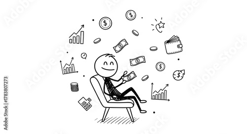 Happy stick figure sitting in a chair, surrounded by money, coins, and financial symbols, representing wealth, success, and prosperity, an illustration for financial concepts