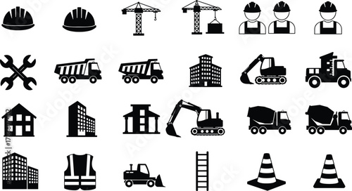 Construction equipment and worker icons collection with cranes, trucks, helmets, buildings, and safety tools, industrial engineering and architecture vector illustration