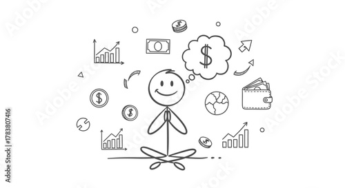 Illustration of a person meditating on financial success, surrounded by money symbols and growth charts, representing wealth and investment