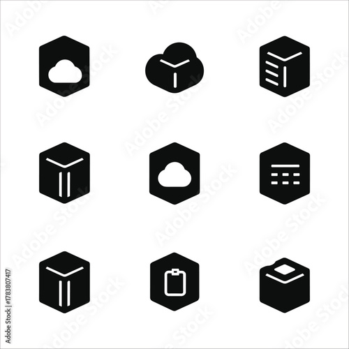 Set of nine black hexagon icons representing cloud storage, data, and documents on a