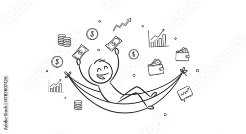 Financial freedom visualized A stick figure contentedly reclines in a hammock, surrounded by floating money and financial symbols, representing investment success and wealth
