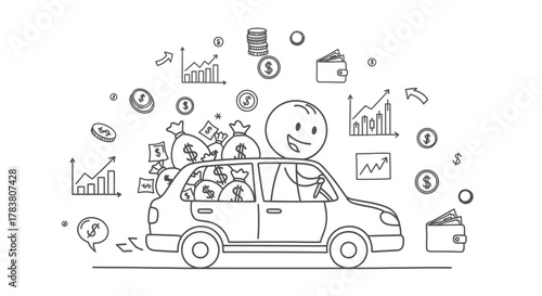 Financial Success Journey A whimsical illustration of a person driving a car filled with money bags, symbolizing wealth, growth, and the pursuit of financial goals within an economic landscape