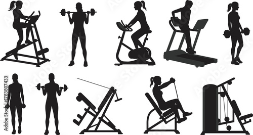 Fitness exercise illustration, people working out in gym with equipment, weightlifting, treadmill, cycling, training, healthy lifestyle, workout silhouette, strength and cardio training