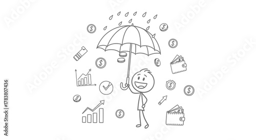 Protecting Financial Growth A Stick Figure's Umbrella Shielding Against Economic Instability, Representing Secure Investments and Wealth Preservation Concepts