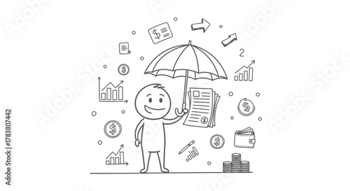 A comprehensive guide to financial protection, featuring an illustrated character safeguarding important documents, money, and investment growth with an umbrella