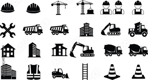 Construction icons set with workers, trucks, cranes, safety helmets, buildings, and tools, industrial construction and engineering equipment vector illustration design