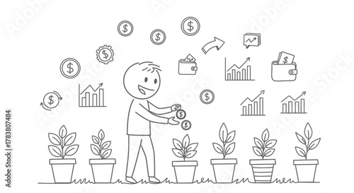 Investing in Growth A Visual Metaphor of Financial Success, Illustrated by a Person Nurturing Money Plants, Representing Investment Strategies and Profit