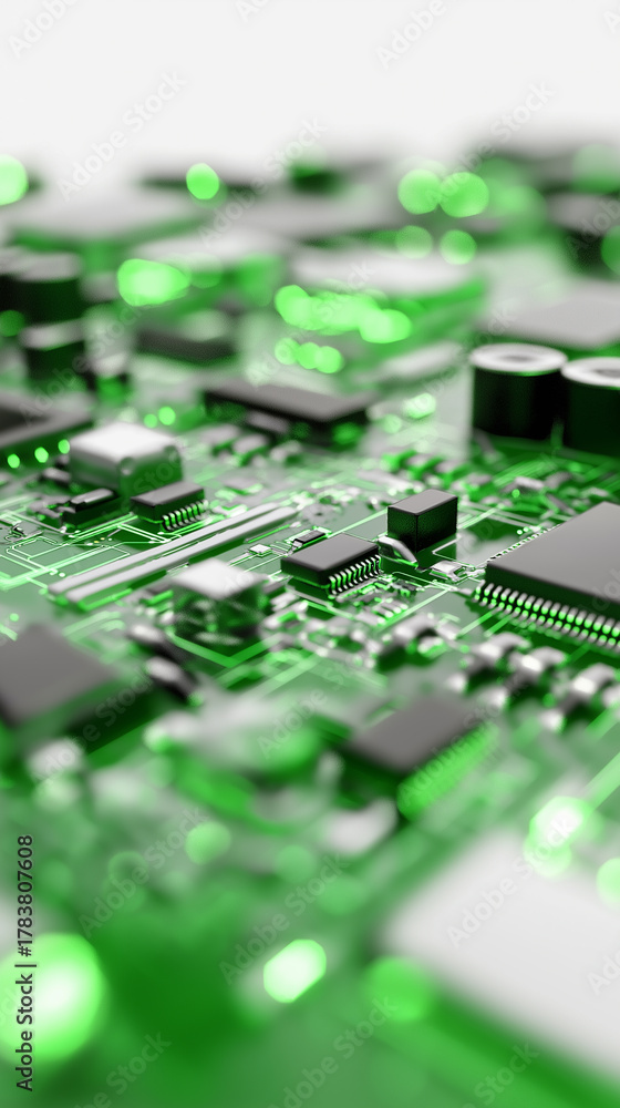 Obraz premium Macro view of green electronic circuit board with microchips. 