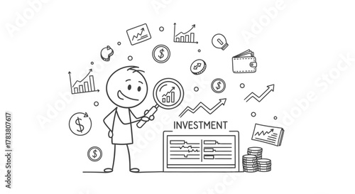 Conceptual Cartoon Illustration of a Stick Figure Analyzing Financial Growth and Investments with Magnifying Glass, Graphs, and Coin Stacks for Business and Financial Planning