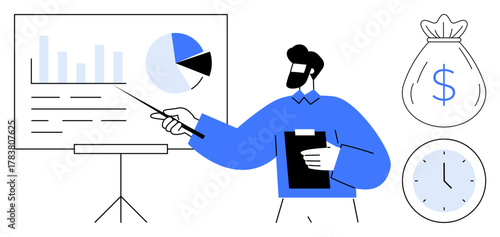 Professional presenting data on a chart analysis, pie chart trends, financial growth, time management insights. Ideal for business, education, strategy, teamwork, finance productivity simple flat