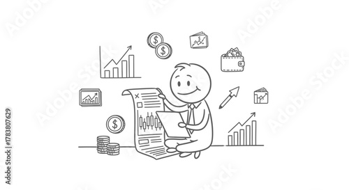 Financial analysis concept cartoon character examining a detailed document with financial symbols, charts, coins, and a wallet in the background, representing finance and business success