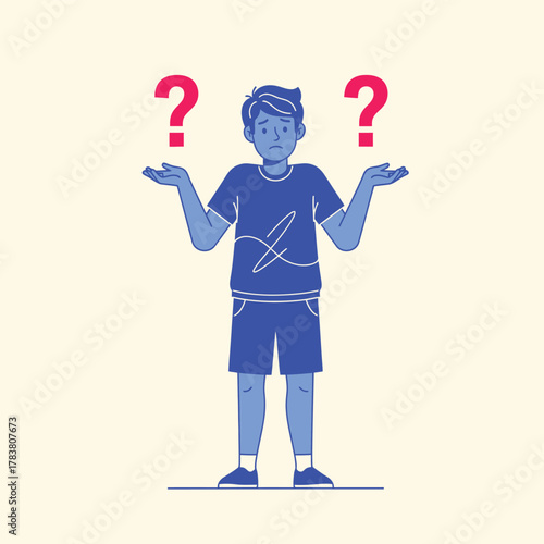 Confused young man with question marks flat vector illustration representing uncertainty and decision making isolated on a light background transparent background
