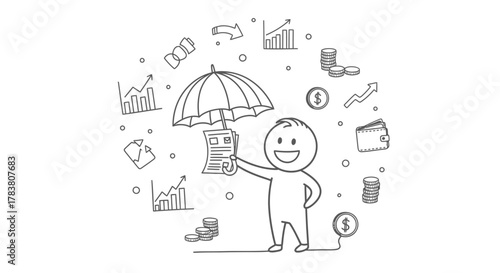 Financial Security Protecting Investments and Finances with a Shield of Insurance and Strategic Planning for a Secure Future with a smiling character holding umbrella over document