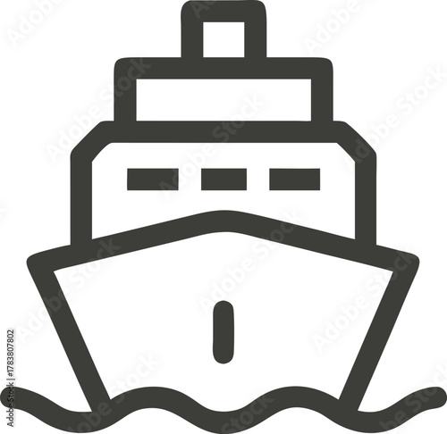 Front view of a cruise ship icon sailing on waves isolated on white background